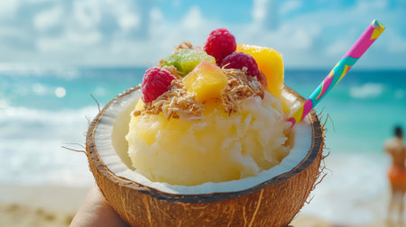 A vibrant coconut dessert topped with fresh fruits served on a sunny beach, perfect for a summer getaway. Enjoy this refreshing treat by the ocean.の素材