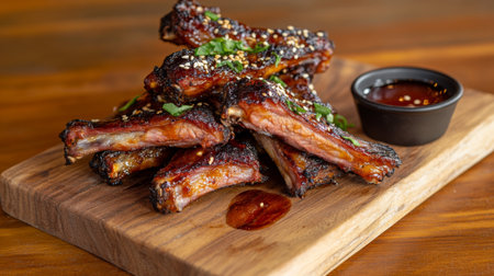 Indulge in these mouthwatering grilled ribs, perfectly cooked and garnished with sesame seeds and herbs. Ideal for any barbecue gathering or dining experience.の素材