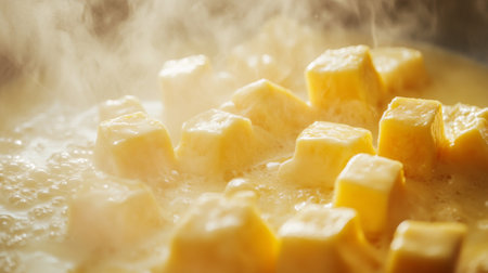 Close-up of butter melting in a pan, creating steam and rich texture. Perfect for food photography, showcasing culinary delight and cooking process.の素材