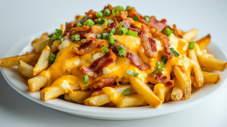 A mouthwatering plate of loaded fries topped with melted cheese, crispy bacon bits, and fresh green onions, perfect for any casual meal or snack time.の素材