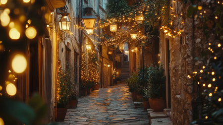 A picturesque alleyway adorned with charming lights creates a warm and inviting atmosphere. Ideal for capturing the essence of evening strolls in quaint villages.の素材
