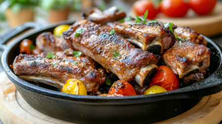 A delicious serving of barbecue ribs cooked to perfection, accompanied by colorful tomatoes. Ideal for casual dining, gatherings, or outdoor BBQ events.の素材
