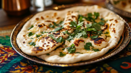 A plate of freshly baked flatbread topped with herbs showcases a delicious culinary creation, perfect for enhancing any dining experience.の素材