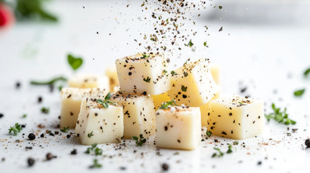 A visually appealing arrangement of fresh cheese cubes sprinkled with herbs and spices, perfect for culinary presentations and healthy cooking inspiration.の素材