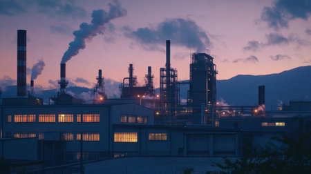 A captivating industrial landscape at dusk showcasing smoke and illuminated buildings. A reflection of manufacturing and energy production in an urban setting.の素材
