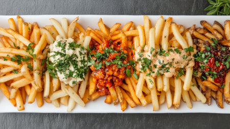 A vibrant platter showcasing an assortment of flavorful French fries topped with various sauces and garnished with fresh herbs, perfect for sharing.の素材