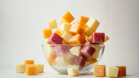 A visually appealing arrangement of colorful cheese cubes in a glass bowl, perfect for gatherings, appetizers, or gourmet presentations.の素材