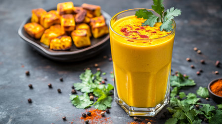 A vibrant spiced yogurt drink served with tasty snacks, showcasing fresh ingredients and herbs. Ideal for healthy meals and refreshing summer occasions.の素材