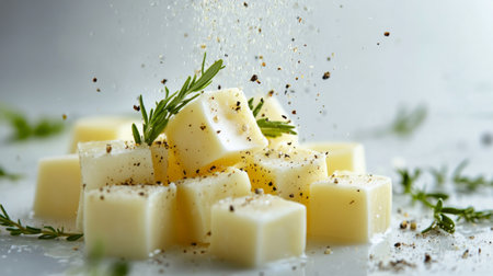 A close-up of fresh cheese cubes sprinkled with herbs and pepper, showcasing a vibrant culinary presentation perfect for gourmet dishes or appetizers.の素材