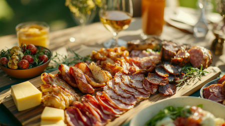 A vibrant charcuterie board featuring assorted meats, cheeses, and fresh herbs. Perfect for outdoor gatherings, summer picnics, or gourmet celebrations.の素材