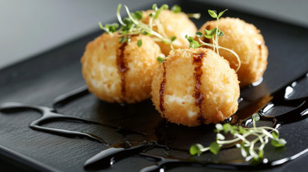 Discover mouthwatering crispy cheese balls drizzled with sauce. Perfect for appetizers or snacks, these bite-sized delights feature a rich texture.の素材
