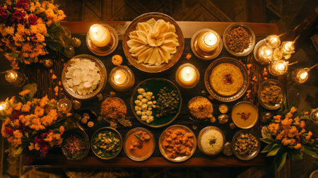 A beautifully arranged table featuring an array of traditional dishes, vibrant flowers, and glowing candles, perfect for a festive celebration and gatherings.の素材
