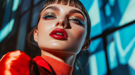 A captivating portrait featuring a model with bold makeup and shimmering colors. The vibrant lighting enhances the modern artistic style and elegance.の素材