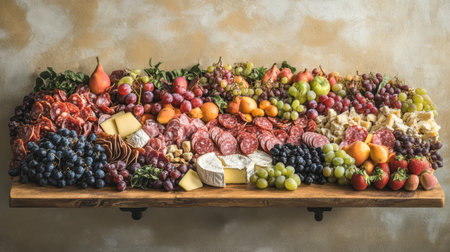 A vibrant display of assorted fruits, meats, and cheeses arranged elegantly on a wooden platter, perfect for gatherings and celebrations.の素材