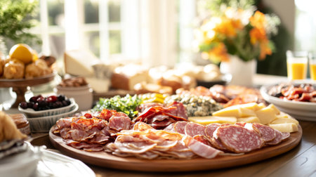 A beautifully arranged charcuterie board featuring an assortment of cured meats, cheeses, fresh herbs, and colorful accompaniments, perfect for gatherings.の素材