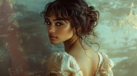 Captivating portrait of a young woman with soft lighting, showcasing her natural beauty and elegant hairstyle against a textured backdrop.の素材