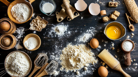 A flat lay of various baking ingredients and tools on a rustic wooden countertop, showcasing flour, eggs, and measuring utensils for a home baking session.の素材