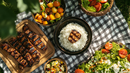 A vibrant outdoor meal featuring grilled chicken, fresh salads, and fluffy rice spread across a picnic blanket, perfect for gatherings and celebrations.の素材