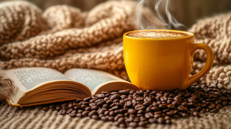 A warm and inviting scene featuring a steaming cup of coffee next to an open book on a soft blanket. Perfect for cozy moments.の素材