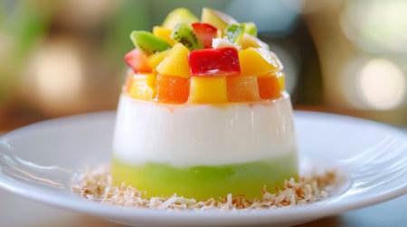 A vibrant dessert featuring layers of gelatin, cream, and fresh fruits. Ideal for showcasing culinary creativity at a summer gathering or event.の素材