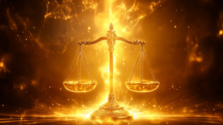 A stunning golden scale symbolizing justice and fairness with a glowing background. Represents the concept of balance and equality in legal and ethical contexts.の素材