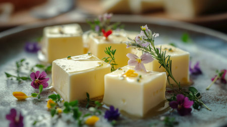 Delightful arrangement of fresh butter cubes garnished with vibrant edible flowers and herbs on a rustic plate, perfect for culinary presentations.の素材
