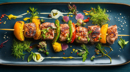A vibrant plate of grilled skewers featuring fresh vegetables and herbs. Perfect for summer dining or outdoor gatherings, showcasing flavor and creativity.の素材