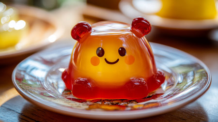 A bright and cheerful jelly dessert shaped like a cute character, sitting on a decorative plate. Perfect for adding fun to any gathering or celebration.の素材