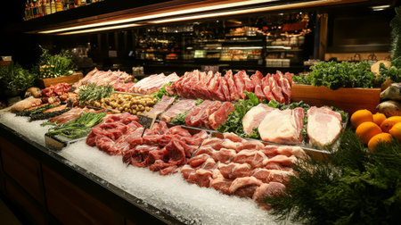 A vibrant display of fresh meats in a market setting, showcasing various cuts with seasonal vegetables and ice, perfect for culinary inspiration and food shopping.の素材