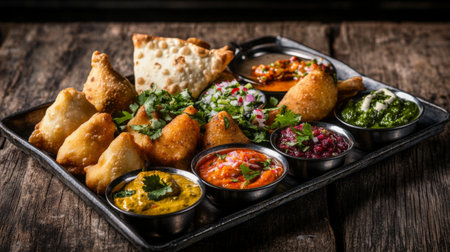 Indulge in a vibrant assortment of crispy Indian snacks served with an array of flavorful chutneys, perfect for sharing and enjoying a culinary experience.の素材