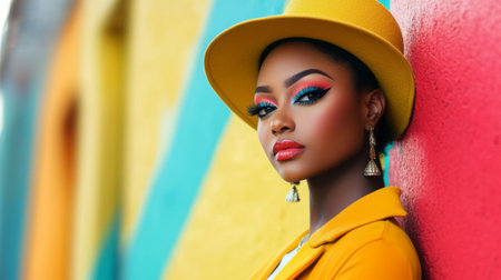 A stunning portrait of a woman showcasing bold makeup and a stylish hat against a colorful backdrop, capturing vibrant beauty and creativity in a modern urban setting.の素材