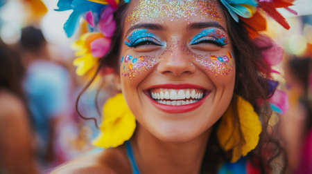 A joyful woman showcases her colorful makeup and vibrant flower headdress at a festival, capturing the essence of celebration, happiness, and beauty.の素材