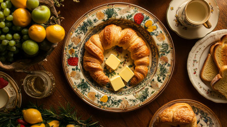 A beautifully arranged croissant with butter on a floral plate, surrounded by fresh fruit. Perfect for a cozy breakfast or elegant brunch setting.の素材