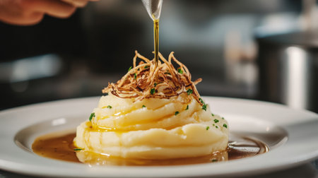 A closeup of creamy mashed potatoes topped with crispy onions and a drizzle of flavorful oil, perfect for gourmet dining or home cooking.の素材