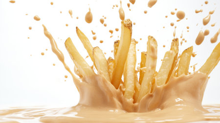 A dynamic shot of crispy french fries splashing into a creamy sauce, showcasing the playful nature of food and culinary creativity. Perfect for food-related themes.の素材