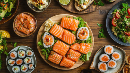 A vibrant sushi platter featuring fresh salmon, rolls, and various seafood dishes. Perfect for food lovers and a stunning dining experience.の素材