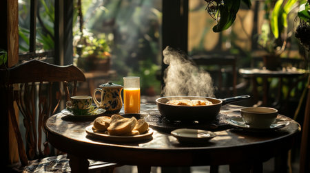 A cozy breakfast scene featuring steaming food, a glass of orange juice, and beautiful indoor plants, perfect for creating a warm morning atmosphere.の素材