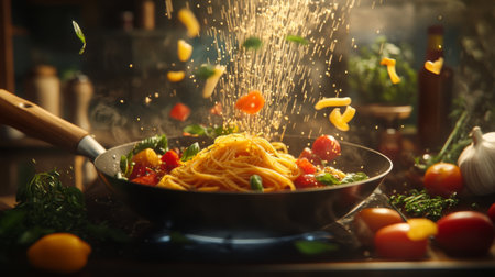 A vibrant scene capturing fresh pasta being cooked with herbs and vegetables. The dynamic action of ingredients falling creates an inviting, flavorful atmosphere perfect for culinary inspiration.の素材