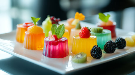 A vibrant assortment of gelatin desserts adorned with fresh fruit and mint leaves, perfect for summer celebrations and festive gatherings.の素材