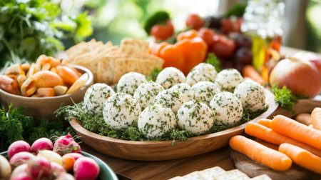 A vibrant display of fresh cheese balls surrounded by colorful vegetables and fruits, perfect for a garden party or healthy gathering. Ideal for food lovers.の素材