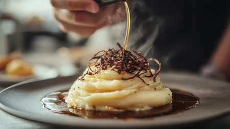 A beautifully plated dish of creamy mashed potatoes garnished with crispy topping and drizzled sauce, creating an elegant dining experience with inviting aromas.の素材