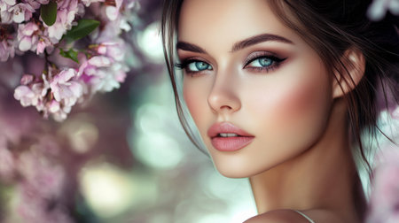 A captivating portrait of a young woman with beautiful makeup and flower blossoms. The image exudes elegance and tranquility, perfect for spring themes.の素材