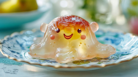 Adorable jelly dessert with a smile, served on a decorative plate. Perfect for food photography, seasonal dining, or creative culinary art.の素材