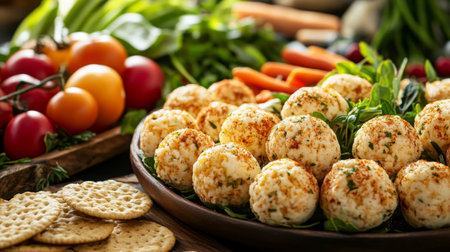 Colorful arrangement of cheese balls on a rustic platter surrounded by fresh vegetables, creating a vibrant and appealing snack for gatherings or parties.の素材