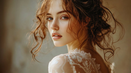 This stunning portrait features a beautiful young woman with soft curls and an elegant expression, capturing a moment of grace and serenity in a light-filled setting.の素材