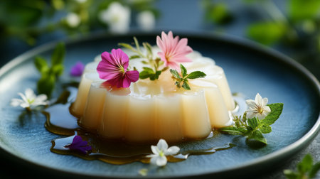 A charming dessert presentation featuring a creamy treat adorned with fresh flowers, set against a natural backdrop, evoking elegance and freshness.の素材