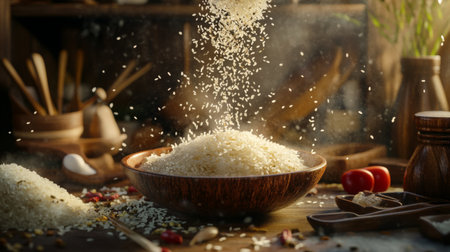 A mesmerizing scene of rice cascading into a wooden bowl, surrounded by a rustic kitchen setting, capturing the essence of home-cooked meals and culinary delights.の素材
