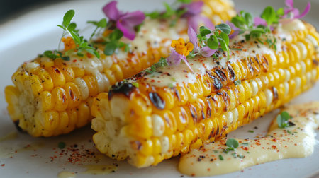 A vibrant close-up of grilled corn on the cob beautifully garnished with fresh herbs and sauce, perfect for summer barbecues and outdoor meals.の素材
