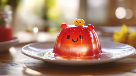 A charming red jelly dessert features a smiling face and a yellow topping. Perfect for children's parties, this playful treat adds color and joy to any table setting.の素材