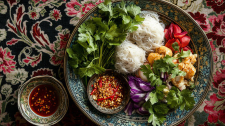 A vibrant collection of fresh ingredients including herbs, vegetables, and noodles arranged in a decorative bowl, perfect for Asian culinary creations.の素材